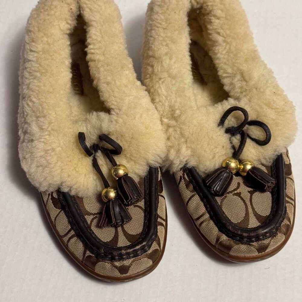Coach Fiona Women's Brown and Tan Slippers with Monogram Sheepskin size 7,5